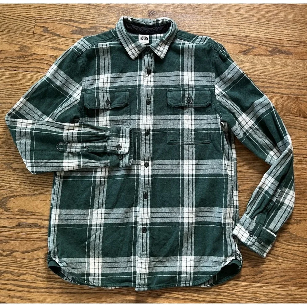 The North Face Shirt Mens Medium Green White Plaid Flannel Button Hiking Pockets